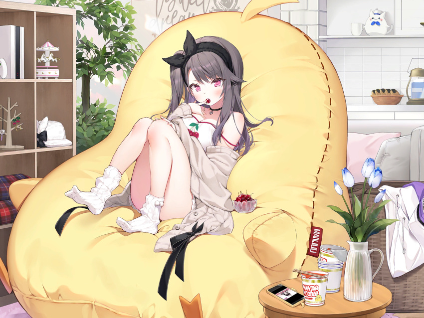 anthropomorphism azur_lane brown_hair byulzzimon cropped flowers food game_console long_hair pamiat_merkuria_(azur_lane) phone purple_eyes stockings