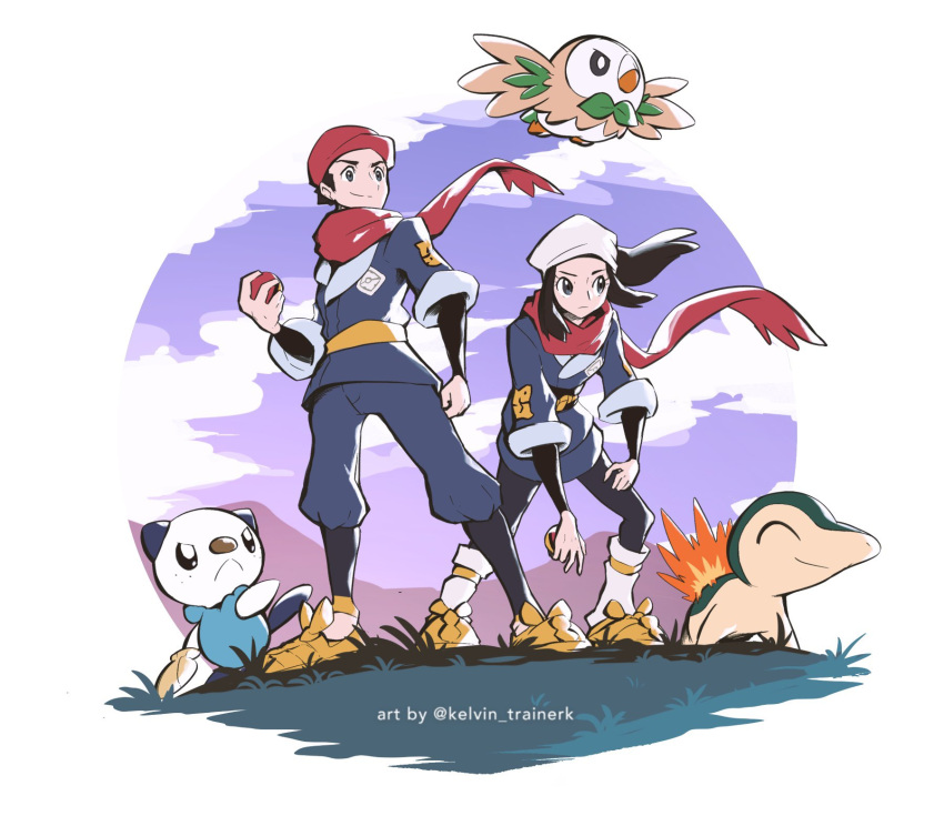 1boy 1girl :&lt; commentary cyndaquil english_commentary female_protagonist_(pokemon_legends:_arceus) flying gen_2_pokemon gen_5_pokemon gen_7_pokemon hat head_scarf highres holding holding_poke_ball japanese_clothes kelvin-trainerk male_protagonist_(pokemon_legends:_arceus) oshawott pantyhose poke_ball poke_ball_(legends) pokemon pokemon_(creature) pokemon_(game) pokemon_legends:_arceus red_headwear rowlet serious smile twitter_username