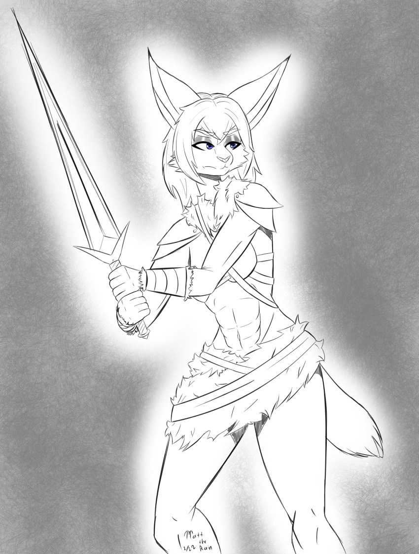 absurd_res anthro armor bobcat clothed clothing digital_media_(artwork) dnd_homebrew felid feline felis female fur hair hasbro hi_res holding_object holding_weapon lavena(matt_the_rain) leather leather_clothing leather_topwear lynx mammal matt_the_rain melee_weapon simple_background solo sword topwear weapon wizards_of_the_coast