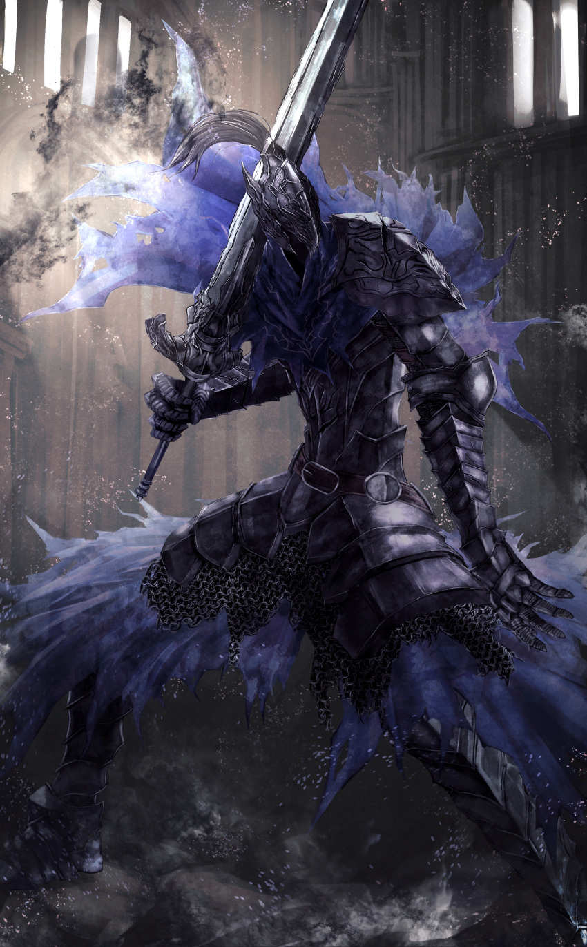 1boy absurdres armor artorias_the_abysswalker cape dark_souls fantasy full_armor haikei_(le_gris_no9) highres holding holding_sword holding_weapon looking_to_the_side male_focus open_hand over_shoulder solo souls_(from_software) sword torn_cape torn_clothes weapon weapon_over_shoulder