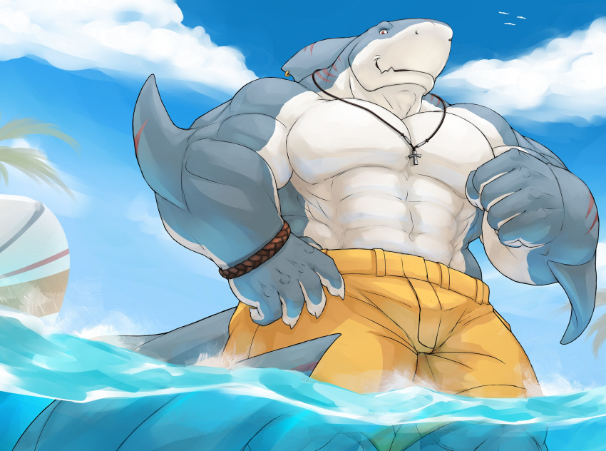 abs anthro biceps big_muscles blue-grey_skin bottomwear bracelet cinna-tree claws clothing detailed_background fin fin_piercing fish furgonomics furry-specific_piercing hi_res jewelry male marine muscular muscular_anthro muscular_male necklace pecs piercing red_eyes shark sharp_claws shorts sky solo water white_body white_skin yellow_bottomwear yellow_clothing yellow_shorts