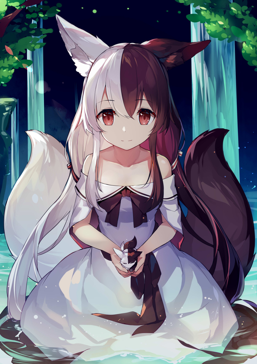 1girl absurdres alice_mana alice_mana_channel animal_ear_fluff animal_ears black_hair commentary commentary_request eyebrows_visible_through_hair hair_between_eyes highres long_hair looking_at_viewer multicolored_hair red_eyes solo two-tone_hair virtual_youtuber wawazi white_hair
