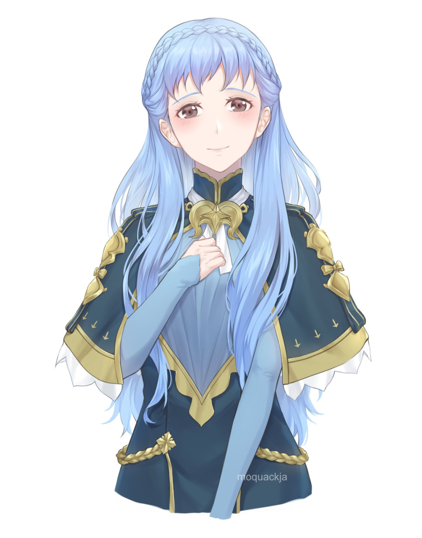 1girl alternate_hair_length alternate_hairstyle artist_name blue_capelet blue_hair blush braid brown_eyes capelet closed_mouth cropped_torso crown_braid fire_emblem fire_emblem:_three_houses hair_down highres long_hair long_sleeves looking_at_viewer marianne_von_edmund moja_(moquackja) simple_background sleeves_past_wrists smile solo standing very_long_hair watermark white_background