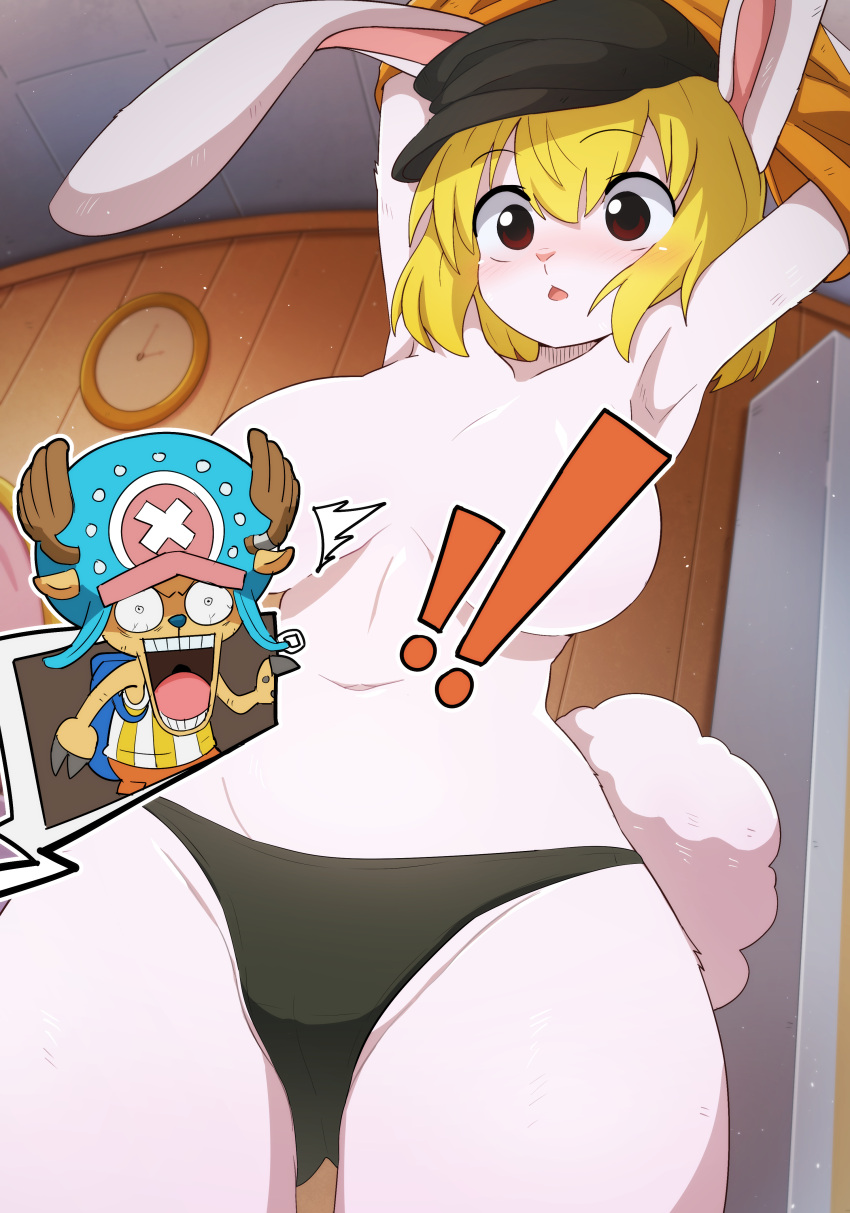 ! absurd_res anthro arms_above_head blonde_hair carrot_(one_piece) censored censored_breasts clock clothing creative_censorship fur hair hat headgear headwear hi_res humanoid lagomorph leporid mammal one_piece panties rabbit tony_tony_chopper underwear white_body white_fur