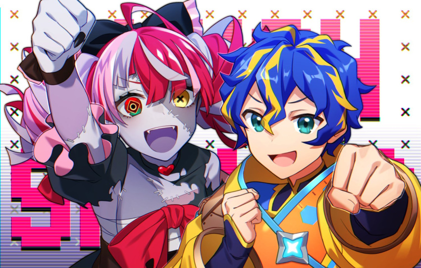 1boy 1girl ahoge aqua_eyes astel_leda bangs black_bow black_dress blonde_hair blue_eyes blue_hair bow clenched_hand clenched_hands dress fangs grey_hair hair_bow hand_up heterochromia hinata_(sky) hololive hololive_indonesia holostars huge_bow kureiji_ollie looking_at_viewer multicolored_hair open_mouth pink_hair red_bow red_eyes red_hair smile streaked_hair torn_clothes torn_dress virtual_youtuber yellow_eyes