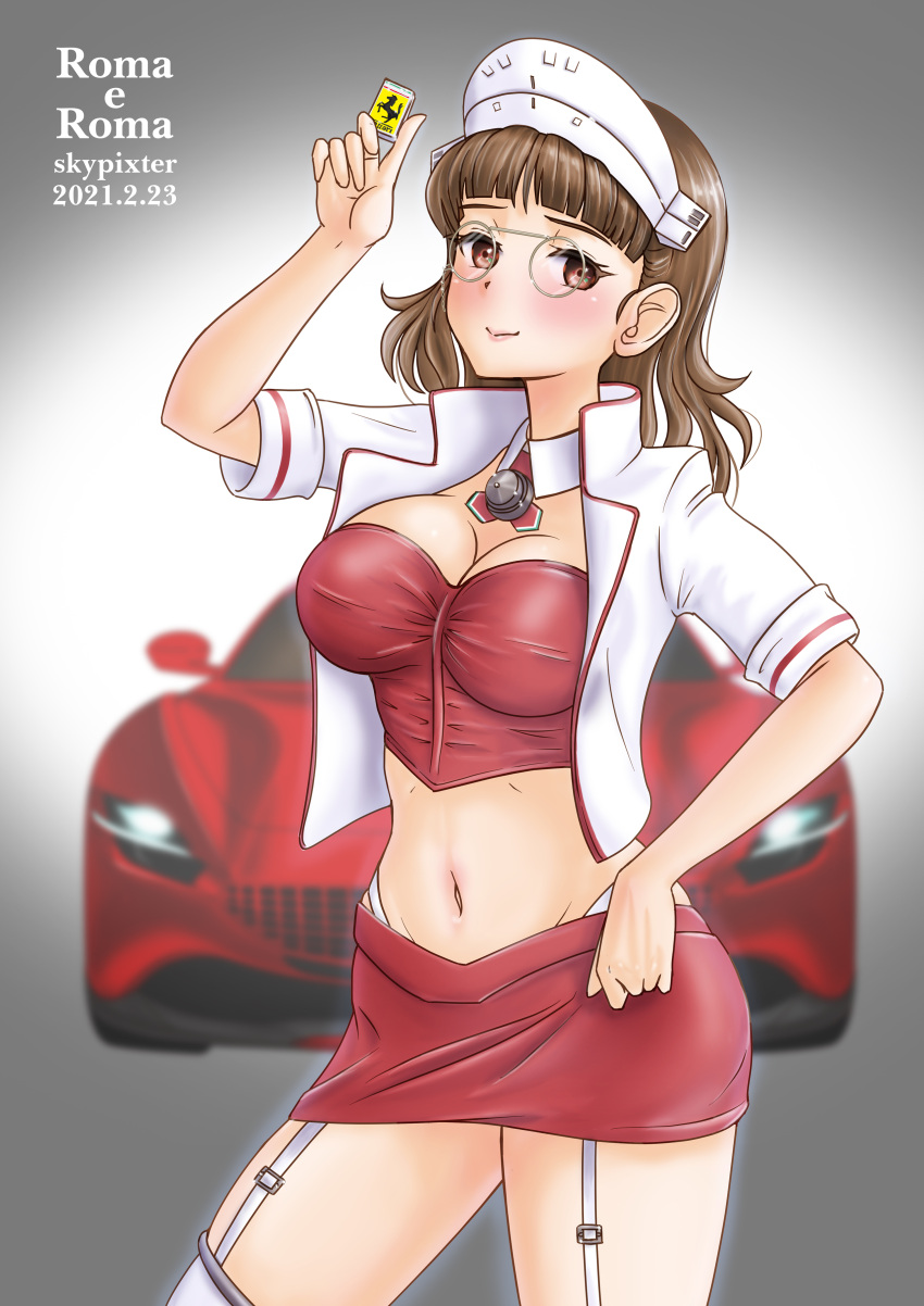 1girl absurdres alternate_costume artist_name bangs blush breasts brown_eyes brown_hair character_name cleavage closed_mouth commentary_request cropped_jacket dated ferrari garter_straps glasses gradient gradient_background ground_vehicle headdress highres holding jacket kantai_collection large_breasts lips motor_vehicle navel pince-nez red_skirt roma_(kancolle) short_hair simple_background skirt skypixter solo thighhighs vehicle_request white_jacket white_legwear