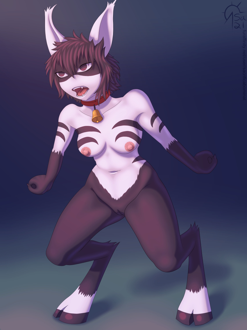 absurd_res anthro bell black_body black_fur breasts collar female fur genitals hair hi_res hooves monster_girl_(genre) nipples nude one-punch_man one_(manga) pussy sacrificabominat short_hair solo stripes unnamed_character white_body white_fur