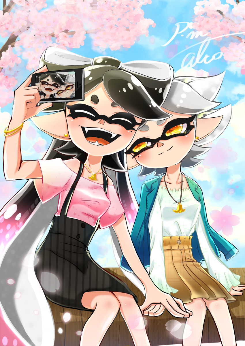 +_+ 2girls :d absurdres altoooooon artist_name bangs black_hair blue_jacket blue_sky bracelet brown_skirt callie_(splatoon) casual cellphone cherry_blossoms closed_eyes cousins day domino_mask earrings fangs food gradient_hair grey_hair half-closed_eyes head_tilt high-waist_skirt highres holding holding_hands holding_phone incest jacket jacket_on_shoulders jewelry leaning_to_the_side long_hair long_sleeves marie_(splatoon) mask medium_skirt mole mole_under_eye multicolored_hair multiple_girls necklace off-shoulder_shirt off_shoulder open_mouth outdoors petals phone pink_shirt pleated_skirt pointy_ears purple_hair self_shot shirt short_hair short_sleeves signature sitting skirt sky smartphone smile splatoon_(series) stud_earrings suspender_skirt suspenders swept_bangs tako-san_wiener tentacle_hair tied_hair tree very_long_hair white_shirt yellow_eyes yuri