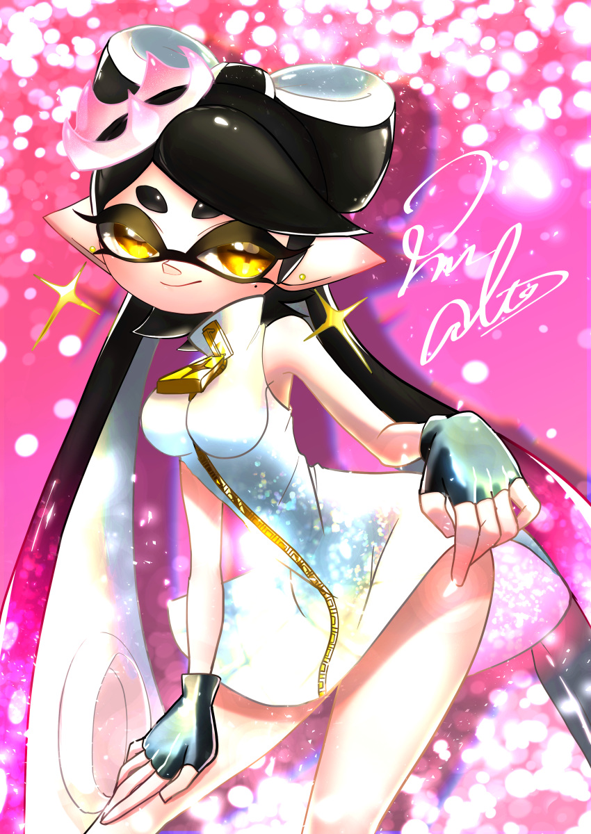 +_+ 1girl absurdres altoooooon artist_name bangs black_gloves black_hair callie_(splatoon) closed_mouth commentary_request cosplay crown domino_mask dress dress_lift earrings fingerless_gloves gloves hand_on_own_thigh high_collar highres jewelry leaning_forward lifted_by_self light_particles long_hair looking_at_viewer mask mole mole_under_eye partial_commentary pearl_(splatoon) pearl_(splatoon)_(cosplay) pink_background pointy_ears purple_hair short_dress signature sleeveless sleeveless_dress smile solo sparkle splatoon_(series) splatoon_2 standing star_(symbol) star_earrings swept_bangs tentacle_hair tied_hair tilted_headwear very_long_hair white_dress white_headwear yellow_eyes zipper_pull_tab