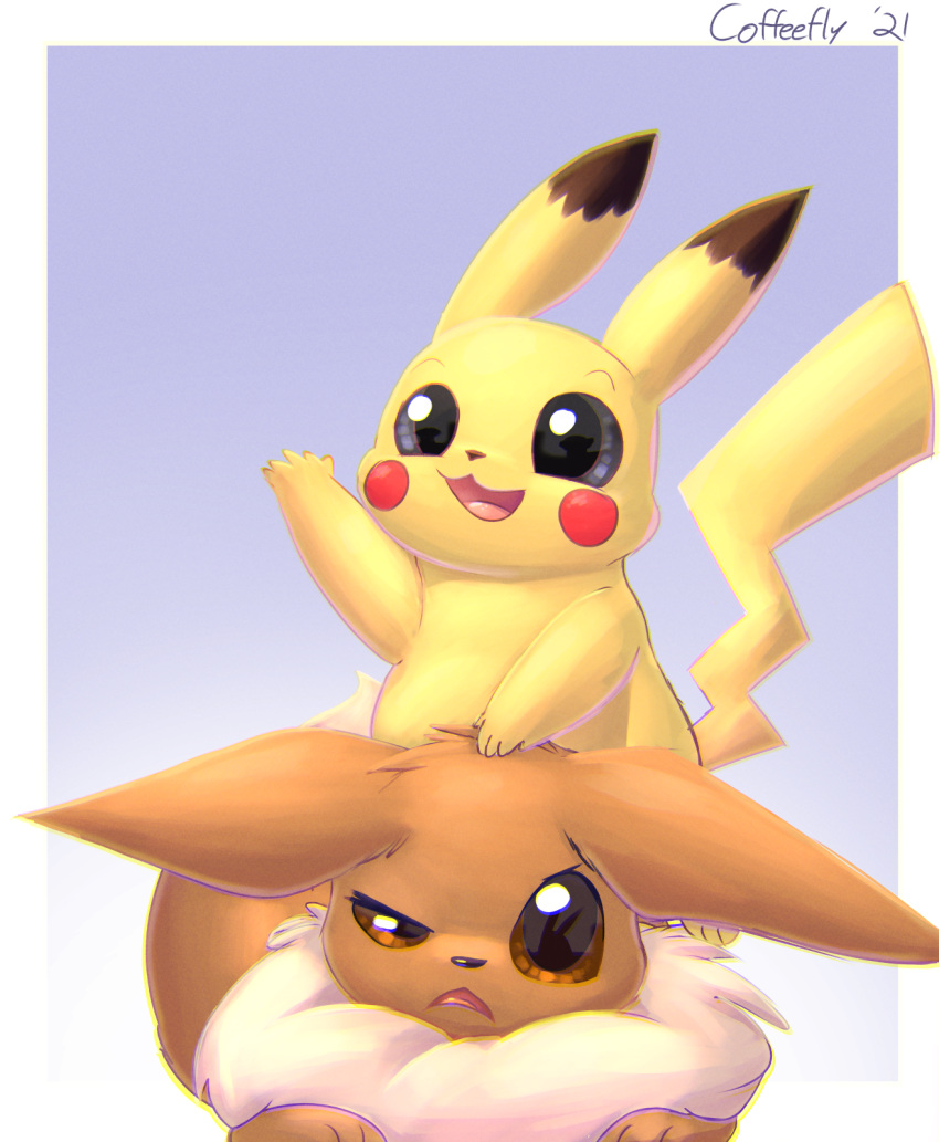 2021 all_fours ambiguous_gender angry blue_background brown_body brown_fur climbing coffeefly duo eevee fur head_tuft hi_res nintendo open_mouth pikachu pok&eacute;mon pok&eacute;mon_(species) shaded simple_background tongue tuft video_games yellow_body yellow_fur