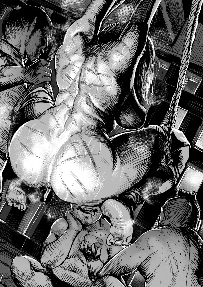 1girl 3boys arms_up ass bdsm bondage bound bowl breasts cum cumdrip from_behind gesogeso greyscale head_out_of_frame highres holding holding_bowl long_hair monochrome multiple_boys nude open_mouth original pussy_juice rope scar spread_legs steam steaming_body sweat sweating_profusely tied_up tongue tongue_out whip_marks