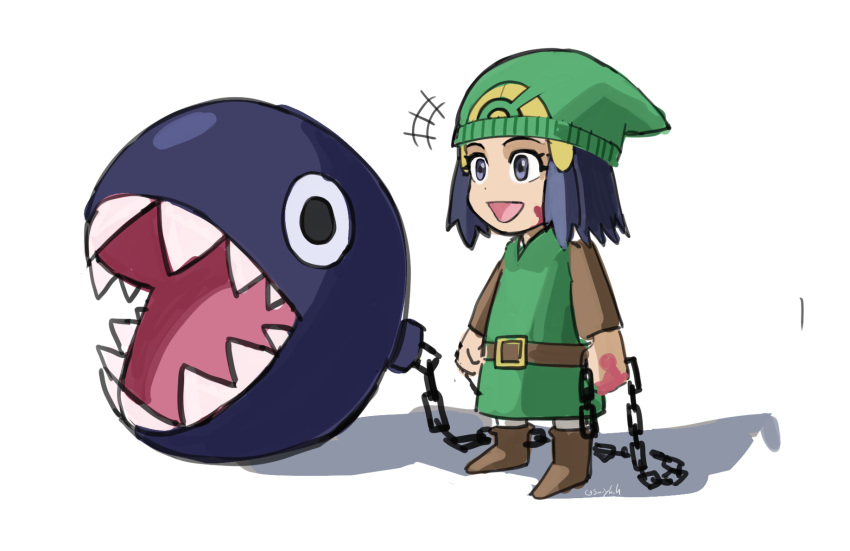 1girl ball_and_chain_(weapon) blood blue_eyes blue_hair chain chain_chomp chibi cosplay dawn_(pokemon) green_tunic hat highres hylian_shield link link_(cosplay) mario_(series) master_sword open_mouth pokemon pokemon_(game) pokemon_dppt saiykik sharp_teeth solo teeth the_legend_of_zelda the_legend_of_zelda:_link's_awakening tunic