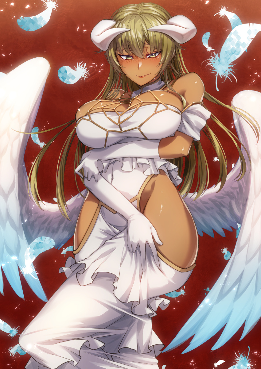 1girl absurdres albedo_(overlord) albedo_(overlord)_(cosplay) alternate_costume bangs bare_shoulders blonde_hair blush breasts cluseller commission commissioner_upload cosplay dark_skin dark_skinned_female dress fire_emblem fire_emblem:_the_binding_blade gloves hara_yumi highres hip_vent huge_filesize igrene_(fire_emblem) large_breasts long_hair looking_at_viewer overlord_(maruyama) seiyuu_connection simple_background skeb_commission solo wings yellow_eyes
