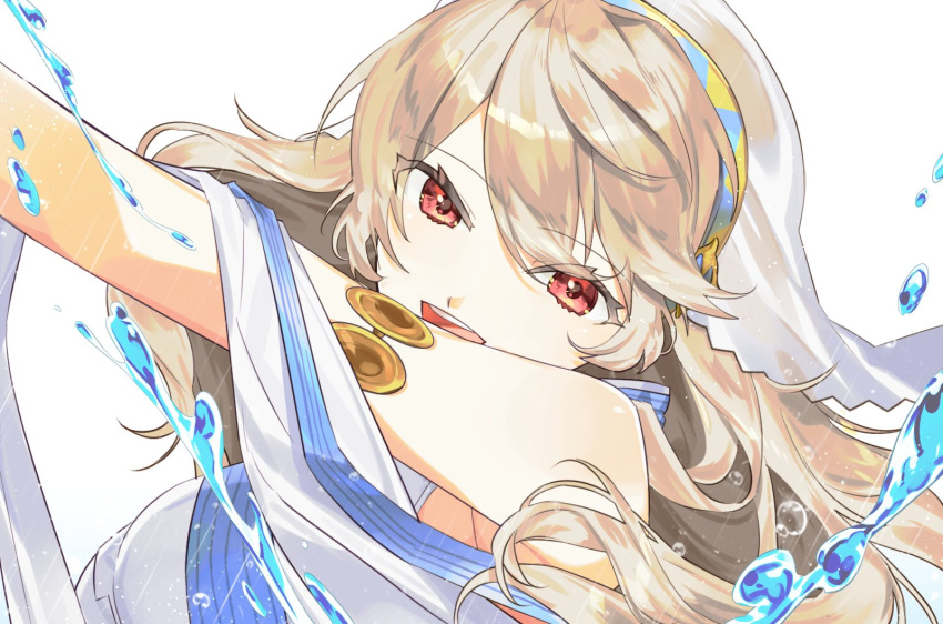 1girl :d azura_(fire_emblem) azura_(fire_emblem)_(cosplay) bangs blonde_hair corrin_(fire_emblem) corrin_(fire_emblem)_(female) cosplay eyebrows_visible_through_hair fire_emblem fire_emblem_fates floating_hair fm_r3dslov3 hair_between_eyes highres long_hair looking_at_viewer open_mouth portrait red_eyes shiny shiny_hair simple_background sleeveless smile solo very_long_hair water white_background