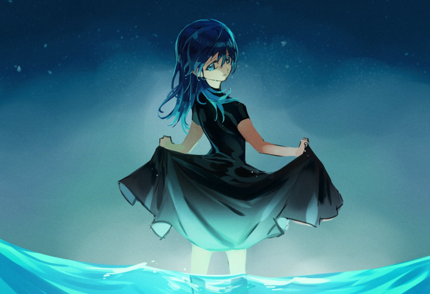 1girl bangs black_dress blue_background blue_eyes blue_hair byleth_(fire_emblem) byleth_(fire_emblem)_(female) dress fire_emblem fire_emblem:_three_houses fm_r3dslov3 from_behind gradient_hair hair_between_eyes long_dress long_hair looking_back looking_down multicolored_hair night shiny shiny_hair short_sleeves sketch skirt_hold soaking_feet solo standing water_surface wet wet_hair younger