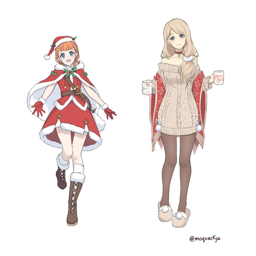 2girls annette_fantine_dominic aqua_eyes bangs blue_eyes boots brown_footwear brown_legwear capelet choker closed_mouth collarbone cup dress fire_emblem fire_emblem:_three_houses full_body fur-trimmed_boots fur-trimmed_capelet fur-trimmed_gloves fur-trimmed_headwear fur-trimmed_jacket fur-trimmed_skirt fur_trim gloves grey_sweater hat head_tilt highres holding holding_cup jacket knee_boots kneehighs long_hair looking_at_viewer mercedes_von_martritz merry_christmas miniskirt moja_(moquackja) multiple_girls off-shoulder_sweater off_shoulder orange_hair pantyhose red_capelet red_choker red_gloves red_headwear red_jacket red_skirt ribbed_sweater santa_costume santa_hat short_hair silver_hair simple_background skirt slippers smile standing sweater sweater_dress twitter_username very_long_hair white_background white_legwear