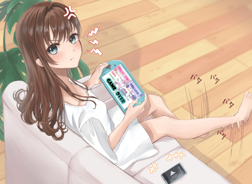 1girl absurdres anger_vein bangs bare_legs barefoot blush breasts brown_hair cellphone commentary_request couch dress english_text eyebrows_visible_through_hair game handheld_game_console highres holding indoors irritated light_blue_eyes long_hair looking_at_viewer okoto0723 original phone plant potted_plant sidelocks sitting small_breasts smartphone solo v-shaped_eyebrows white_dress wooden_floor