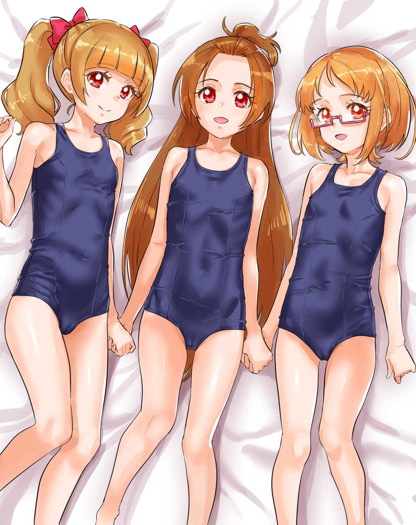 3girls absurdres aisaki_emiru bow brown_eyes brown_hair dokidoki!_precure glasses hair_bow highres hisaki holding_hands hugtto!_precure legs long_hair lying madoka_aguri multiple_girls on_back open_mouth orange_hair precure red_eyes school_swimsuit shirabe_ako short_hair smile suite_precure swimsuit twintails very_long_hair