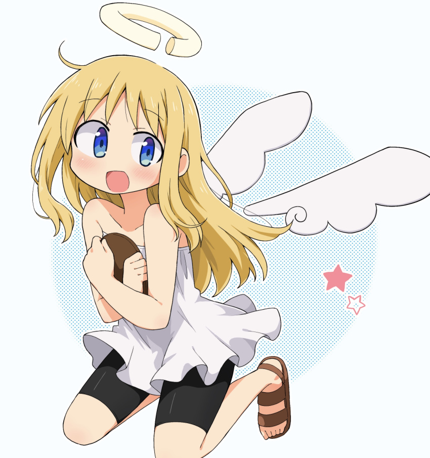 1other :d angel angel_wings bare_arms black_shorts blonde_hair blue_eyes blush broken_halo collarbone crimvael dress halo highres holding ishuzoku_reviewers long_hair off-shoulder_dress off_shoulder open_mouth richard_(richaball) sandals shorts smile solo white_dress wings