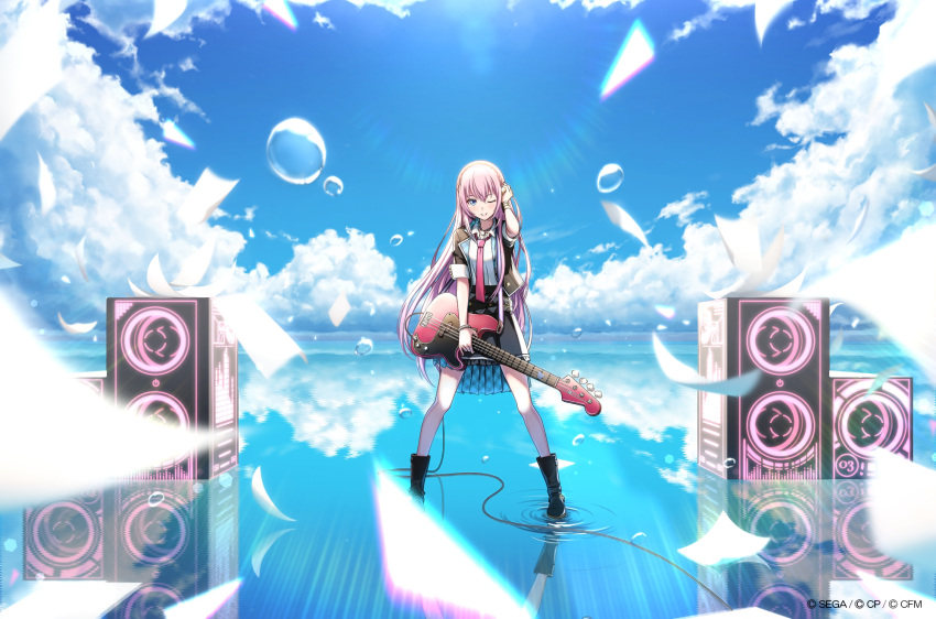 1girl adjusting_hair black_footwear black_jacket black_skirt blue_eyes blue_sky blurry blurry_foreground boots bracelet bubble cable cloud commentary day electric_guitar flying_paper glowing graphic_equalizer guitar highres holding holding_instrument instrument jacket jewelry kokonosexxx lens_flare long_hair looking_at_viewer megurine_luka necktie one_eye_closed paper pink_hair red_neckwear reflection shirt short_sleeves skirt sky smile speaker standing standing_on_liquid sunlight very_long_hair vocaloid white_shirt wide_shot