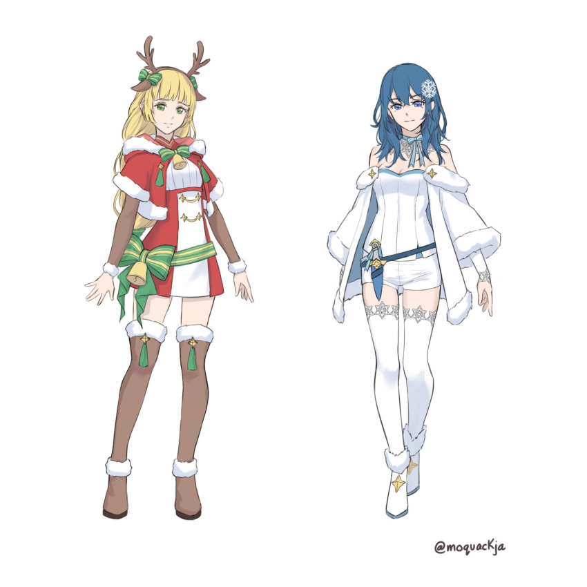 2girls animal_ears antlers bangs bell blonde_hair blue_choker blue_eyes blue_hair blunt_bangs boots bow braid braided_ponytail breasts brown_footwear brown_hairband byleth_(fire_emblem) byleth_(fire_emblem)_(female) choker cleavage closed_mouth coat deer_ears detached_sleeves fake_animal_ears fake_antlers fire_emblem fire_emblem:_three_houses full_body fur-trimmed_boots fur-trimmed_coat fur-trimmed_sleeves fur_trim green_bow green_eyes hair_bow hair_ornament hairband high-waist_skirt highres ingrid_brandl_galatea long_hair long_sleeves looking_at_viewer low-tied_long_hair medium_breasts miniskirt moja_(moquackja) multiple_girls ponytail reindeer_antlers short_over_long_sleeves short_shorts short_sleeves shorts simple_background skirt smile snowflake_hair_ornament standing strapless striped striped_bow thigh_boots thighhighs twitter_username very_long_hair white_background white_coat white_footwear white_legwear white_shorts white_sleeves zettai_ryouiki