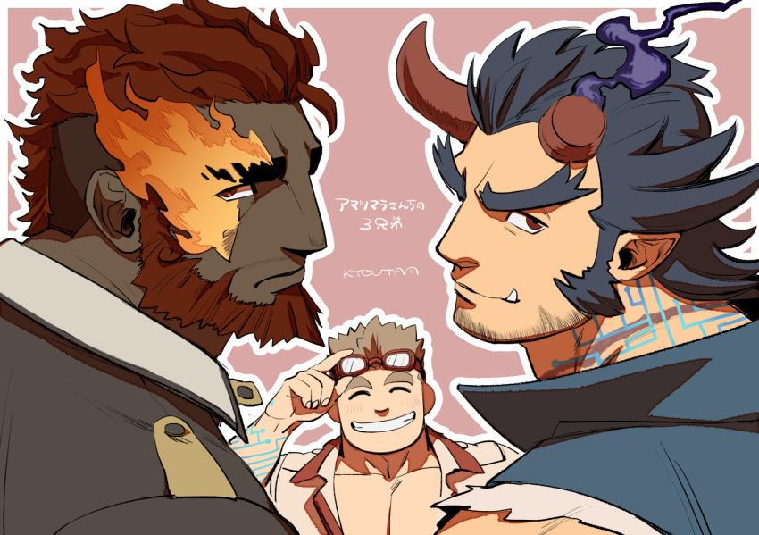 3boys bara beard broken_horn demon_boy demon_horns facial_hair fang fiery_horns flaming_eye goggles goggles_on_head hephaestus_(tokyo_houkago_summoners) horns kurogane_(tokyo_houkago_summoners) kyouta_22 large_pectorals long_sideburns male_cleavage male_focus mature_male multiple_boys muscular muscular_male short_hair sideburns smile stubble takemaru_(tokyo_houkago_summoners) thick_eyebrows tokyo_houkago_summoners undercut upper_body