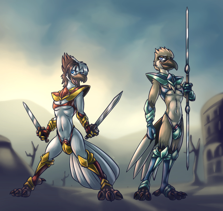 2021 4_fingers 4_toes anthro armor armwear arta_shrike avian bassybefuddle beak bird black_beak black_claws black_hair blue_armwear blue_clothing blue_eyes blue_legwear blue_topwear claws clothed clothing codpiece dual_wielding duo feathers feet finger_claws fingers flaccid genitals green_armwear green_clothing green_legwear green_topwear hair half-closed_eyes hi_res hind_toe holding_object holding_sword holding_weapon ineffective_clothing kalo_division legwear looking_at_viewer male melee_weapon narrowed_eyes open_mouth penis red_armwear red_clothing red_legwear red_penis red_topwear shin_guards skimpy smile smirk spread_legs spreading standing sword talons tan_body tan_feathers toe_claws toeless_legwear toes topwear unconvincing_armor weapon white_body white_feathers white_hair yellow_clothing yellow_legwear yellow_topwear