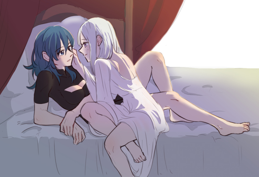 2girls back bangs barefoot bed bed_sheet black_clothes black_shirt blue_eyes blue_hair blush breasts byleth_(fire_emblem) byleth_(fire_emblem)_(female) cleavage cleavage_cutout clothing_cutout collar commentary_request couple crossed_legs dress edelgard_von_hresvelg eye_contact eyebrows_visible_through_hair face-to-face fire_emblem fire_emblem:_three_houses from_side full_body hair_between_eyes hand_on_another's_cheek hand_on_another's_face indoors long_hair looking_at_another multiple_girls parted_lips purple_eyes riromomo shirt short_sleeves sidelocks simple_background sitting smile white_background white_dress white_hair yuri