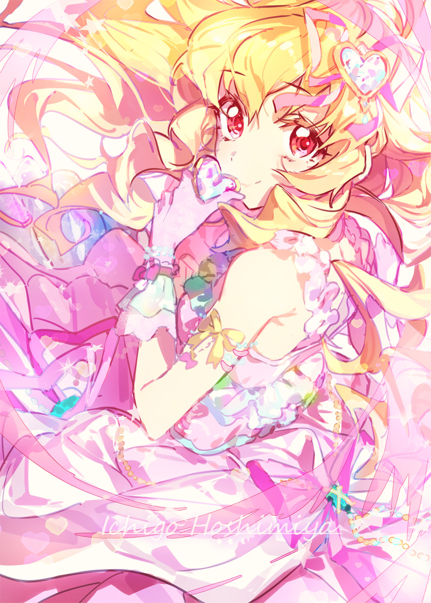 1girl aikatsu! aikatsu!_(series) arm_ribbon bangs blonde_eyelashes blonde_hair closed_mouth dress eyebrows_visible_through_hair floating_hair frilled_dress frilled_gloves frills gloves hair_ornament hair_ribbon hand_to_own_mouth heart heart_hair_ornament highres holding holding_heart hoshimiya_ichigo jewelry long_dress long_hair looking_at_viewer pink_dress pink_gloves pink_ribbon red_eyes ribbon smile solo very_long_hair wattaro wings yellow_ribbon