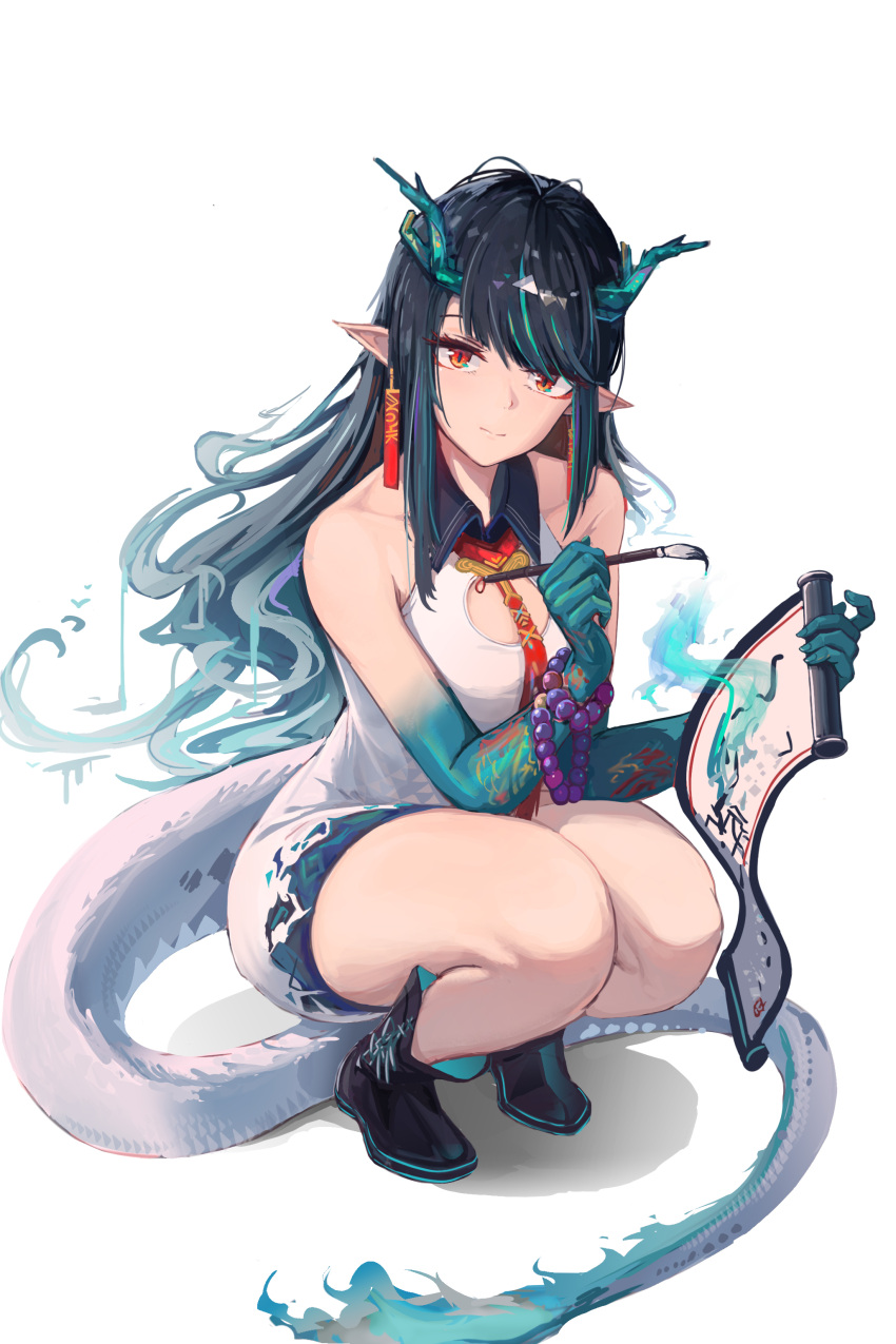 1girl absurdres arknights bare_shoulders black_footwear black_hair dusk_(arknights) earrings highres holding horns jewelry looking_at_viewer necktie paint.net_(medium) painting_(object) panana pointy_ears red_eyes shoes sitting smile solo