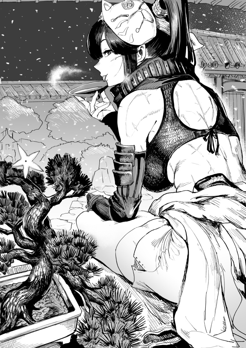 1girl arm_guards armor bangs bonsai bra breasts breath cup fox_mask from_behind gesogeso greyscale high_ponytail highres holding holding_cup japanese_clothes long_hair looking_at_viewer mask mask_on_head monochrome original plant potted_plant scar scar_on_arm scar_on_back scar_on_face shuriken smile snowing solo squatting thighs tongue tongue_out tree underwear wall