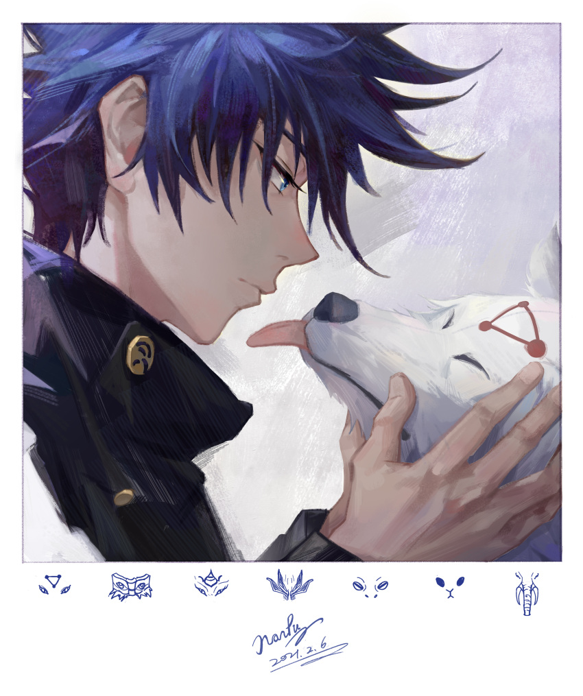 1boy absurdres animal artist_name bangs black_hair black_jacket blue_eyes border closed_eyes closed_mouth dated deacon_yuan dog fushiguro_megumi gakuran high_collar highres jacket jujutsu_kaisen long_sleeves looking_at_another male_focus profile school_uniform short_hair solo spiked_hair tongue tongue_out upper_body white_border white_dog