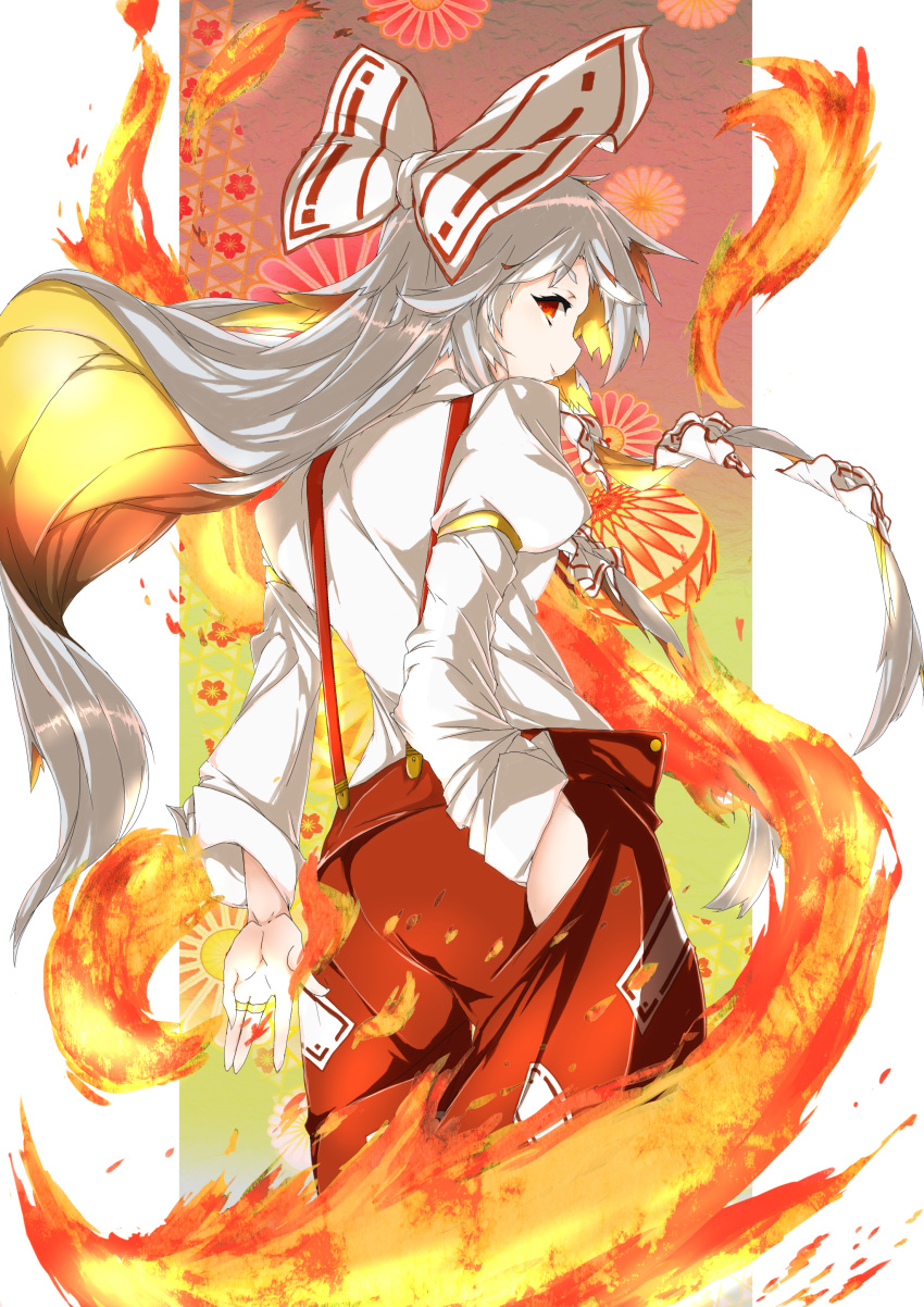 1girl absurdres baggy_pants bangs bow collared_shirt fire from_behind fujiwara_no_mokou hair_bow highres jewelry long_hair long_sleeves looking_at_viewer looking_back mr._pepe_r multicolored_hair ofuda pants red_eyes red_pants ribbon ring shirt sidelocks silver_hair sleeve_garters solo standing suspenders touhou two-tone_hair very_long_hair white_bow white_shirt