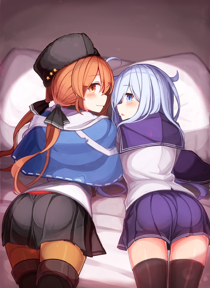 2girls bed_sheet black_bow black_footwear black_headwear black_legwear black_skirt blue_eyes blue_shawl blush boots bow brown_eyes brown_hair eyebrows_visible_through_hair flat_cap from_behind hair_between_eyes hair_bow hair_ornament hairclip hat hat_removed headwear_removed hibiki_(kancolle) highres jacket kantai_collection long_hair long_sleeves looking_back low_twintails multiple_girls pantyhose papakha parted_lips pillow pleated_skirt reitou_mikan scarf school_uniform serafuku shawl silver_hair skirt tashkent_(kancolle) thigh_boots thighhighs torn_clothes torn_scarf twintails white_jacket white_scarf