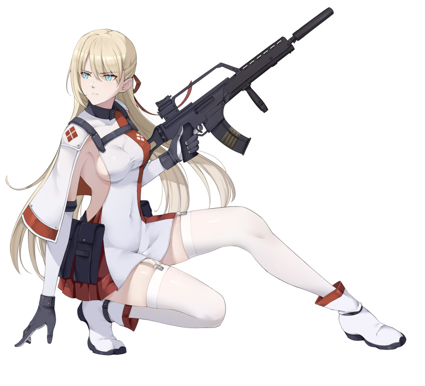 1girl alternate_uniform aqua_eyes assault_rifle black_gloves blonde_hair breasts closed_mouth concert covered_navel eyebrows_visible_through_hair g36_(girls_frontline) girls_frontline gloves gun h&amp;k_g36 hair_ribbon hand_on_floor highres holding holding_weapon holster long_hair looking_at_viewer looking_away medium_breasts red_ribbon ribbon rifle sitting solo uniform weapon white_background white_footwear white_legwear wsfw