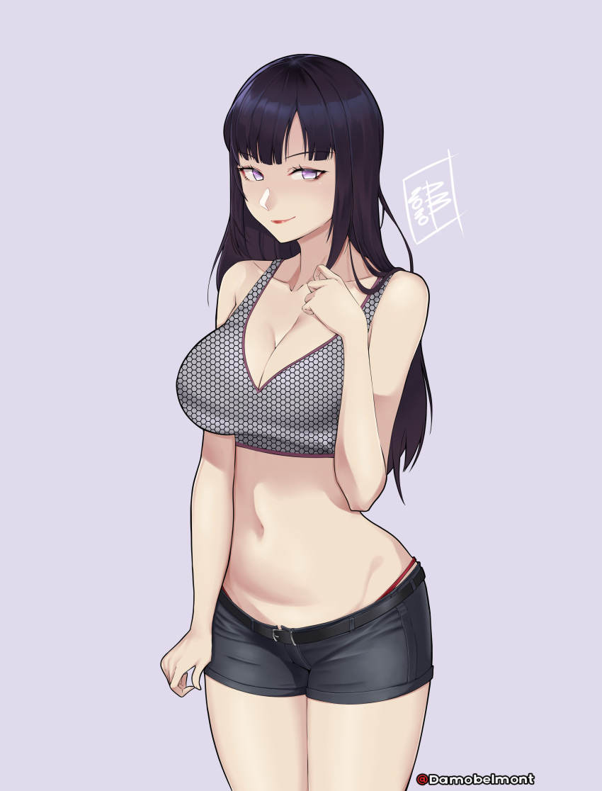 1girl absurdres bangs bare_shoulders belt black_belt black_hair black_shorts breasts bustier cleavage collarbone cowboy_shot damodar eyebrows_visible_through_hair fishnets grey_background highres hyuuga_hinata large_breasts light_purple_eyes long_hair looking_at_viewer lowleg lowleg_shorts naruto:_road_to_ninja navel no_pupils panties red_lips red_panties short_shorts shorts smile smirk solo stomach underwear