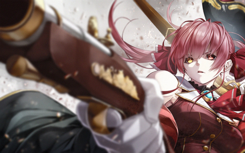 1girl antique_firearm bangs bicorne breasts crop_top detached_sleeves dual_wielding fenrir_(fenlil0316) firearm firelock flintlock gloves gun hair_ribbon hat heterochromia highres holding hololive houshou_marine long_hair medium_breasts no_eyepatch pirate red_eyes red_hair red_ribbon ribbon sleeveless twintails virtual_youtuber weapon yellow_eyes