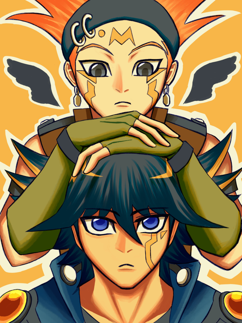 2boys bangs black_eyes black_hair black_headband black_wings blonde_hair blue_eyes blue_jacket brown_jacket closed_mouth commentary_request crow_hogan detached_wings earrings eyebrows_visible_through_hair facial_tattoo fudou_yuusei hair_between_eyes hands_on_another's_head headband highres jacket jewelry looking_at_another male_focus multicolored_hair multiple_boys noruuin orange_background orange_hair outline short_hair sleeveless sleeveless_jacket spiked_hair streaked_hair tattoo two-tone_hair upper_body wings yu-gi-oh! yu-gi-oh!_5d's