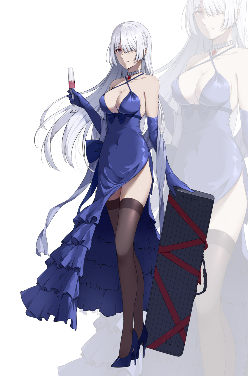 1girl absurdres ak-15_(girls_frontline) bare_shoulders black_legwear blue_dress blue_footwear blue_gloves braid breasts cleavage closed_mouth collarbone covered_navel cup dress dress_bow drinking_glass elbow_gloves eyebrows_visible_through_hair french_braid girls_frontline gloves hair_over_eyes high_heels highres holding holding_cup jewelry long_hair medium_breasts necklace one_eye_covered purple_eyes silver_hair simple_background solo standing thighhighs weapon_case wine_glass wsfw