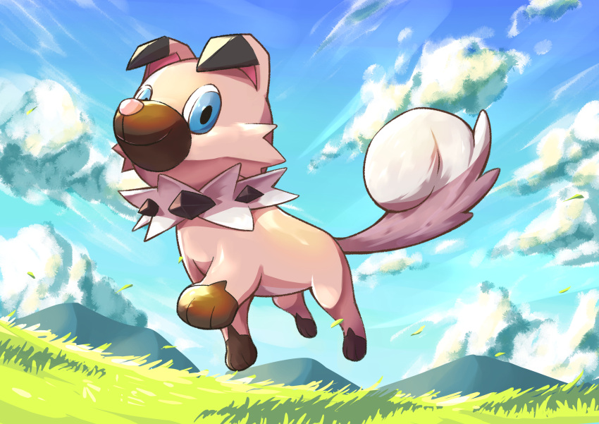 absurdres blue_eyes closed_mouth cloud commentary_request day from_below gen_7_pokemon grass highres kareha_p looking_at_viewer mountainous_horizon no_humans outdoors paws pokemon pokemon_(creature) rockruff sky smile solo toes