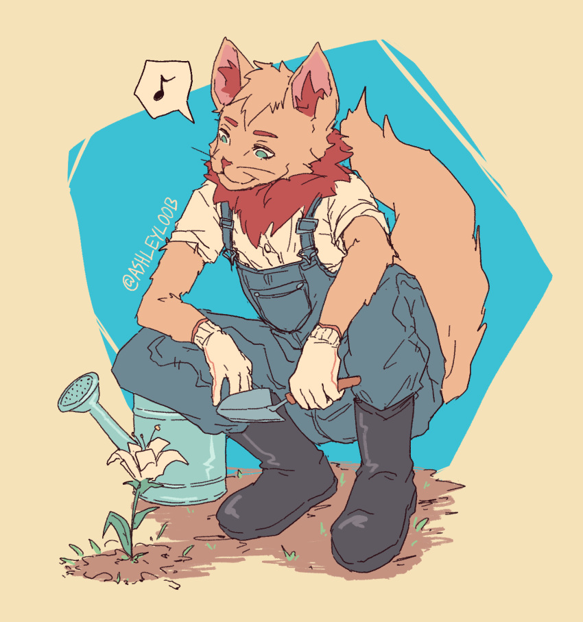 anthro ashleyloob biped clothed clothing fan_character fluffy fully_clothed gardening gardening_tools gloves handwear hi_res league_of_legends male mammal neck_tuft riot_games solo teemo_the_yiffer tuft video_games yordle
