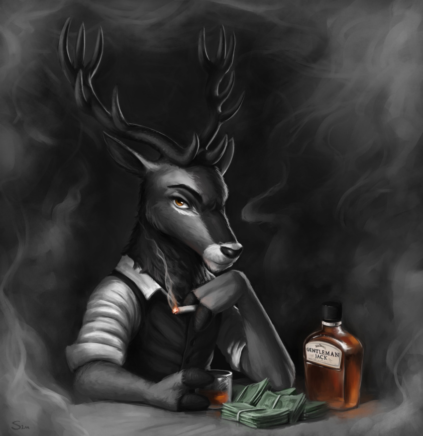 2021 alcohol anthro beverage cervid clothed clothing cup fingers fur hi_res holding_cigarette hooved_fingers horn light lighting looking_at_viewer male mammal money s1m shaded shirt smoke solo spot_color topwear whiskey
