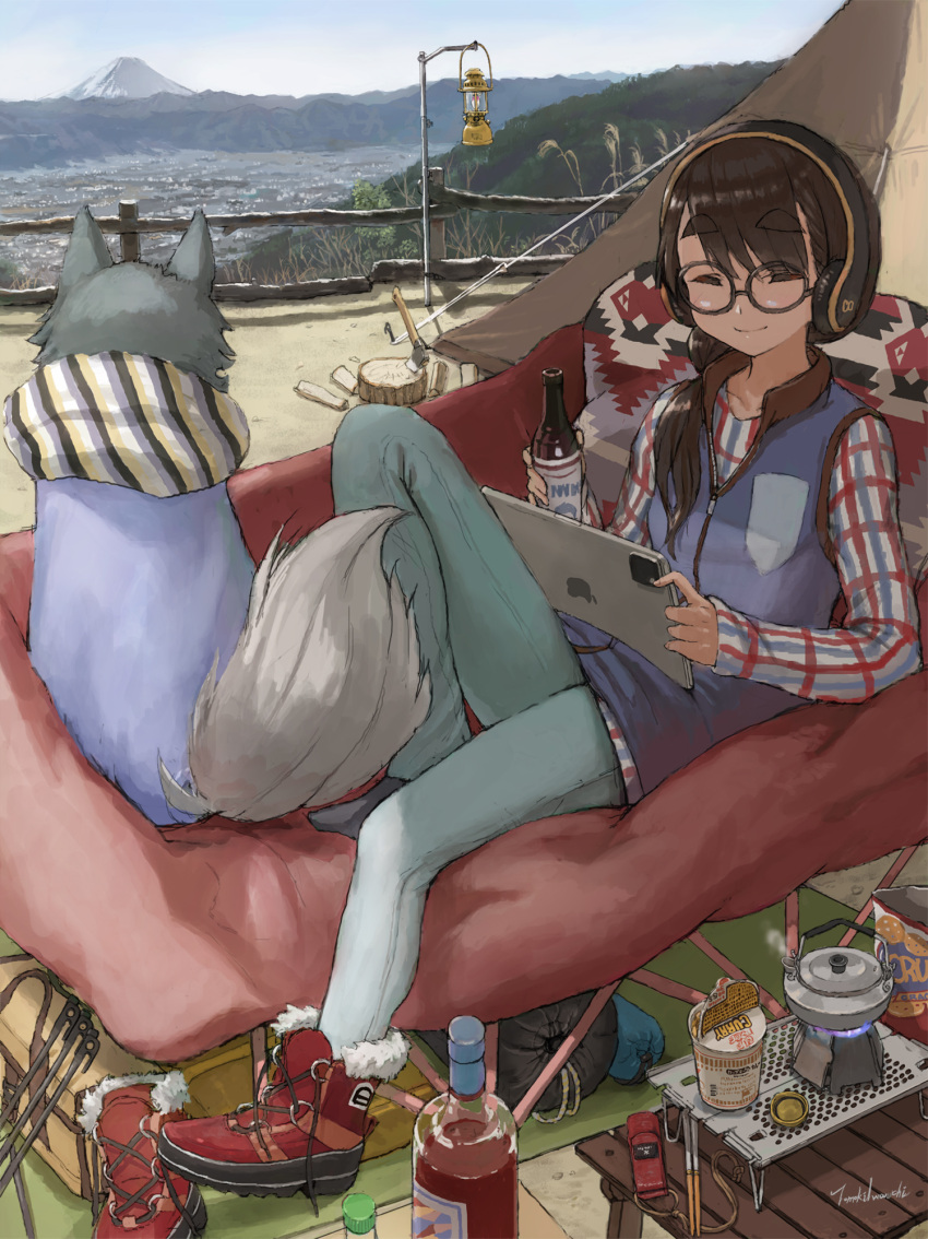 1girl animal apple_inc. boots boots_removed bottle brown_hair camping closed_eyes commentary cup_ramen day dog eyebrows_visible_through_hair fur_trim glasses hatchet headphones highres holding iwauchi_tomoki lantern leg_up log long_hair mount_fuji outdoors plaid plaid_shirt ponytail reclining round_eyewear shirt shoes single_shoe steam tablet_pc tail tent thick_eyebrows toba_minami vest yurucamp