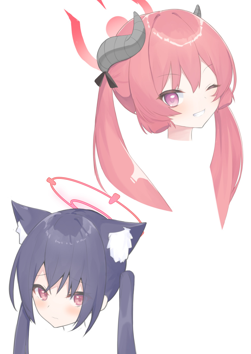2girls absurdres animal_ear_fluff animal_ears bangs black_hair blue_archive blush cat_ears curled_horns eyebrows_visible_through_hair grin hair_between_eyes halo highres horns junko_(blue_archive) long_hair multiple_girls one_eye_closed portrait purple_eyes red_hair roido_(taniko-t-1218) serika_(blue_archive) simple_background smile twintails white_background