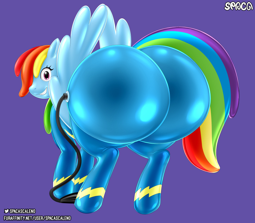 absurd_res animate_inanimate big_butt butt digital_media_(artwork) equid equine feral friendship_is_magic glistening glistening_body hair hasbro hi_res horse inflatable living_inflatable looking_at_viewer mammal multicolored_hair my_little_pony pegasus pony rainbow_dash_(mlp) rainbow_hair simple_background solo spaca text wings