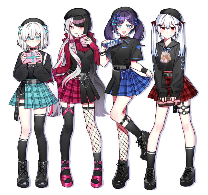 4girls aiba_uiha ars_almal asymmetrical_legwear belt black_hair blue_eyes boots bow breasts choker commentary_request earrings fishnet_legwear fishnets full_body gift hair_between_eyes hair_bow hakase_fuyuki hat heart highres holding holding_gift jewelry long_hair long_sleeves looking_at_viewer multiple_girls nijisanji open_mouth red_eyes shoes short_sleeves simple_background skirt small_breasts socks standing thighhighs tongue tongue_out twintails waka_(wk4444) white_background white_hair yorumi_rena