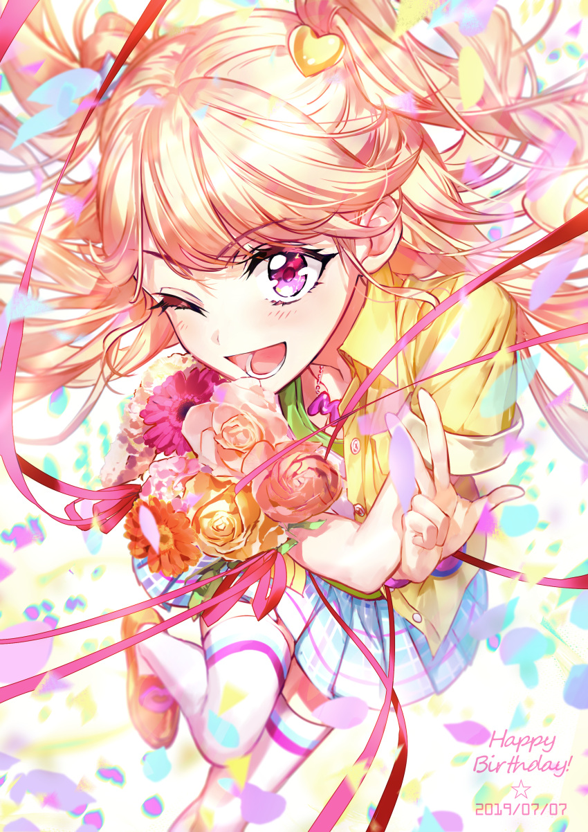 1girl ;d absurdres aikatsu! aikatsu!_(series) bangs blonde_hair blue_skirt blush bouquet daisy dated eyebrows_visible_through_hair flower foreshortening green_shirt gyaru happy_birthday highres holding holding_bouquet jewelry loafers long_hair looking_at_viewer natsuki_mikuru necklace one_eye_closed open_mouth petals pink_eyes pink_flower pink_rose plaid plaid_skirt pleated_skirt rose shirt shoes short_sleeves skirt smile solo thighhighs two_side_up w wattaro white_legwear yellow_flower yellow_rose yellow_shirt