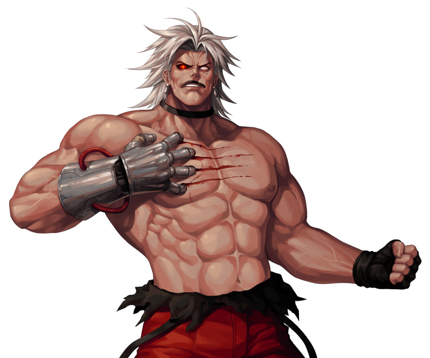 1boy abs bare_pecs biceps black_choker black_gloves bleeding blood cable choker collarbone commentary_request cowboy_shot earrings evilgun facial_hair fingerless_gloves gloves glowing glowing_eye heterochromia highres jewelry large_pectorals looking_at_viewer male_focus mechanical_arms muscular muscular_male mustache nipples omega_rugal pants parted_lips pectorals red_eyes red_pants rugal_bernstein self-mutilation shirtless short_hair simple_background single_mechanical_arm solo standing stomach teeth the_king_of_fighters the_king_of_fighters_'95 veins white_background white_eyes white_hair