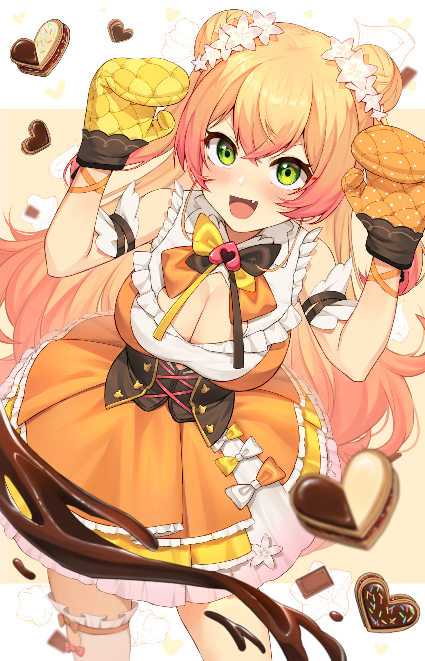 1girl absurdres blonde_hair bow breasts candy chocolate chocolate_heart cleavage double_bun dress fang food green_eyes heart highres hololive large_breasts long_hair momosuzu_nene oven_mitts reiji-rj valentine virtual_youtuber