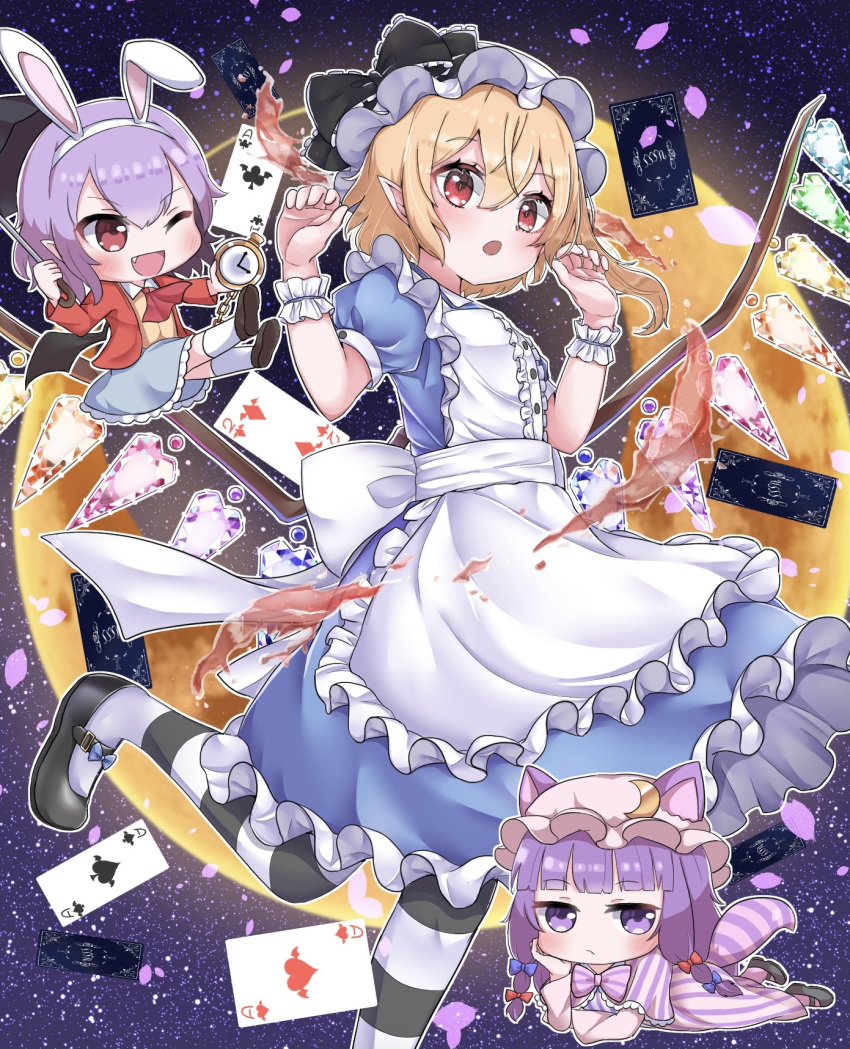 3girls :o ace_of_clubs ace_of_hearts ace_of_spades alice_(wonderland) alice_(wonderland)_(cosplay) alice_in_wonderland animal_ears apron arms_up bangs bat_wings black_footwear blonde_hair blue_dress blue_skirt blunt_bangs bored brown_footwear bunny_ears card cat_ears cat_tail chibi club_(shape) commentary_request cosplay cravat crescent crescent_hair_ornament diamond_(shape) dress ears_through_headwear elbow_rest eyebrows_visible_through_hair fake_animal_ears fang flandre_scarlet foot_out_of_frame full_moon hair_between_eyes hair_ornament hand_on_own_face hat heart highres holding holding_pocket_watch holding_umbrella jacket kemonomimi_mode kneehighs leg_lift looking_at_viewer lying mary_janes mob_cap moon multiple_girls on_stomach one_eye_closed open_clothes open_jacket open_mouth outstretched_legs pantyhose partial_commentary patchouli_knowledge petals petticoat pink_headwear playing_card pointy_ears puffy_short_sleeves puffy_sleeves purple_eyes purple_hair red_eyes red_jacket red_neckwear remilia_scarlet remitei03 sash shirt shoes short_hair short_sleeves skirt sky standing standing_on_one_leg star_(sky) starry_sky striped striped_capelet striped_dress striped_legwear striped_tail tail touhou two_of_diamonds umbrella white_headwear white_legwear wings wrist_cuffs yellow_shirt